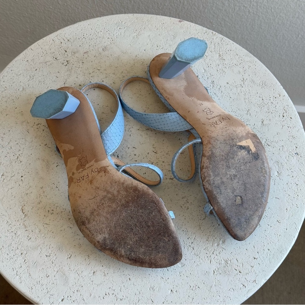 BY FAR Brigette pastel blue leather snake print sandals, size 36. - Picture 6 of 9